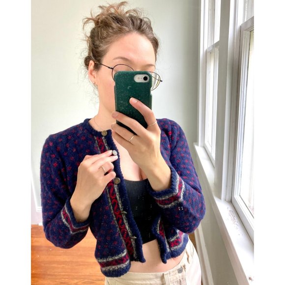 Vintage Crop Button Up Navy Blue Polka Dot Wool Cardigan Sweater - Picture 3 of 8